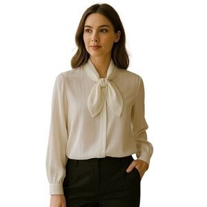 Neiman‎ Marcus Ivory Tie Neck Blouse Metallic Stripe Long Sleeve L ($545)Nwot